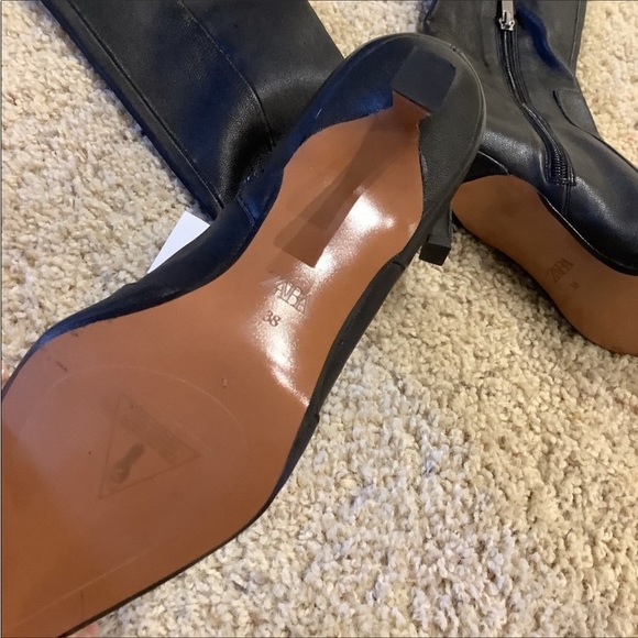 Zara Women’s Thin Heel Leather Over The Knee Boots Size 38 Black Leather Boots - Picture 8 of 9